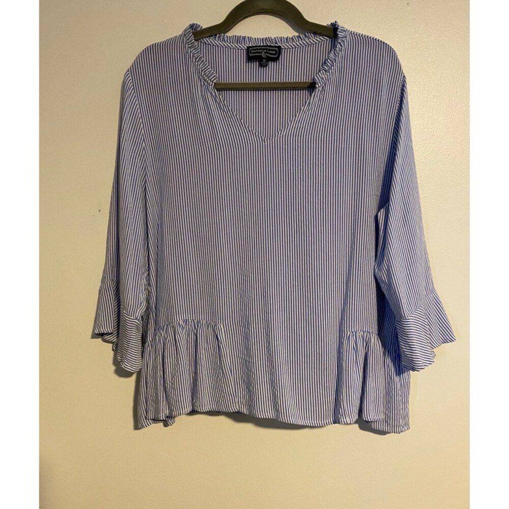 Duffield Lane Striped Blue & White Womens XL Ruffle Hem Rayon Top Bell Sleeve